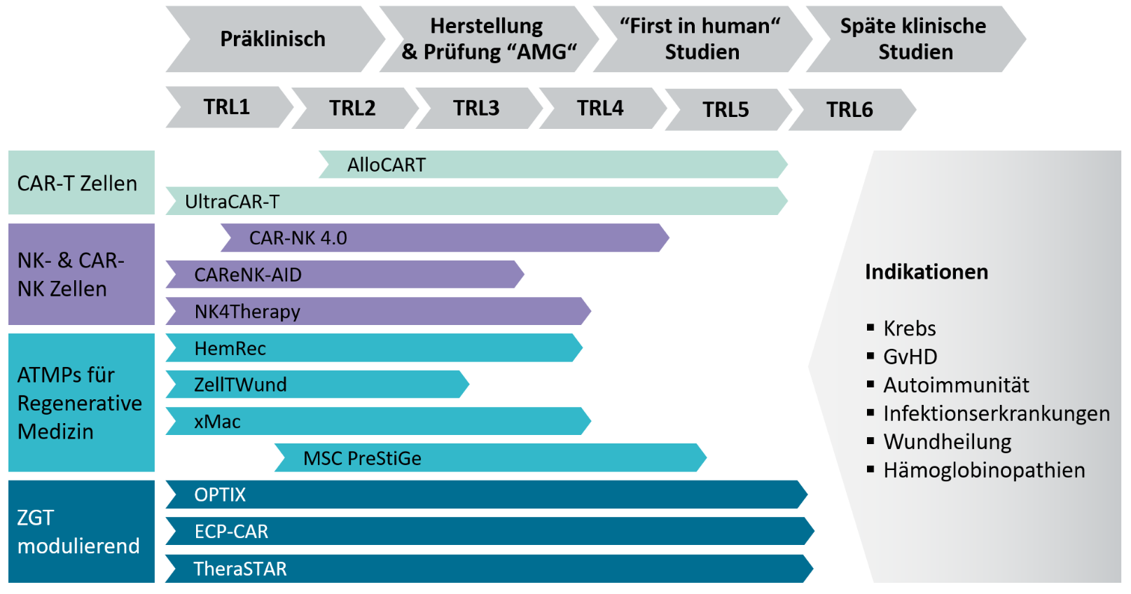 Die Grafik zeigt eine Übersicht der Projeke, ihrer Forschungsfelder und den Technologiereifegrad. Die Informationen lassen sich auch dem Text entnehmen.