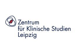 Logo Zentrum für Klinische Studien Leipzig, blauer Text auf weißem Hintergrund, 3 Kreise miteinander verbunden