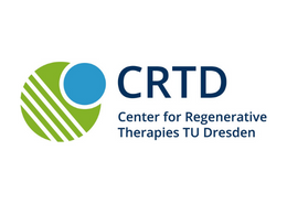 Logo Center for Regenerative Therapies TU Dresden, navy font on white background, green circle with white stripes representing cell with blue nucleus