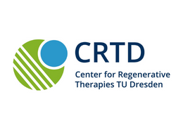 Logo Zentrum für Regenerative Therapien Dresden, dunkelblaue Schrift vor weißem Hintergrund, grüner Kreis mit weißen Streifen stellt Zelle mit blauem Zellkern dar