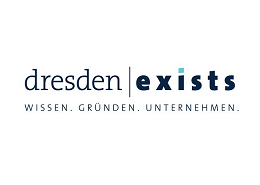 The logo of the Dresden start-up service Dresden exists is shown. The lettering consists of black letters on a white background. Underneath are the german words: Wissen. Gründen. Unternehmen.