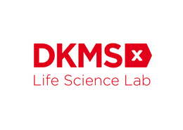 The logo of the DKMS Life Science Lab is shown. It consists of red letters on a white background, with the word DKMS in the first line with a red arrow behind it pointing to the right and containing a white X. Below that, in the second line, Life Science Lab is written in thinner letters.
