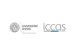 The logo of the ICCAS is shown. The left part of the logo corresponds to the logo of the University of Leipzig. The right part contains the gray letters ICCAS on a white background. The word ICCAS is underlined in gray, the middle part of the underline is colored blue.