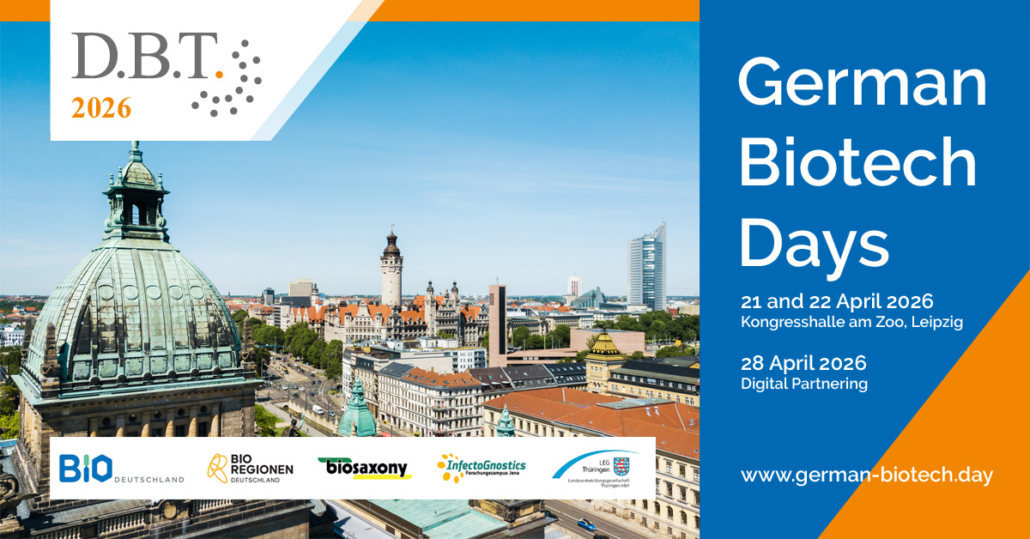 Grafik zu den German Biotech Days 2026 mit Leipziger Stadtpanorama, DBT-Logo sowie den Terminen 21. und 22. April 2026 in Leipzig und 28. April 2026 als Digital Partnering.